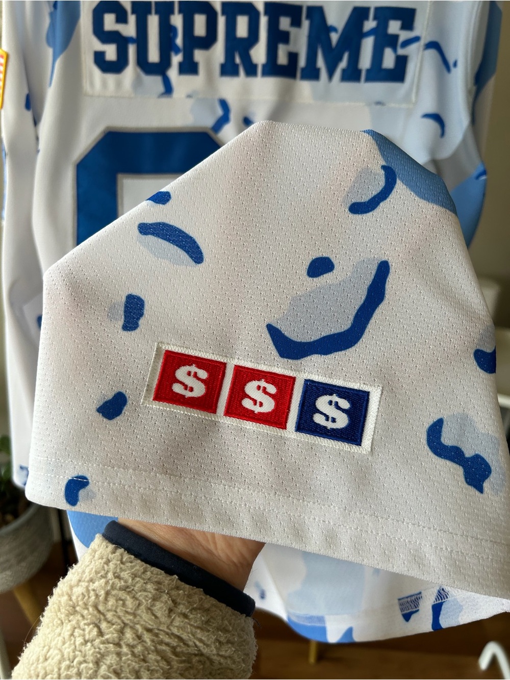 Supreme White & Light Blue Camo Hockey Jersey with Navy '90' - Picture 10 of 11